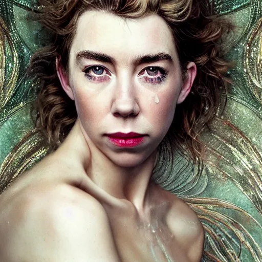 Prompt: stunning photo of vanessa kirby, dark - haired goddess with tears running down her face,, a beautiful closeup, wet lips, perfect eyes, insanely detailed, elegant, by mucha, wlop, rutkowski, livia prima