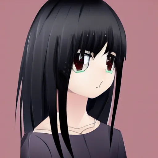 Image similar to girl with black hair, long bangs covering both of her eyes, anime style