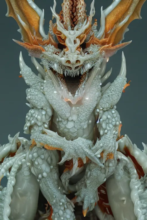 Image similar to a closeup portrait photo, alabaster and jade real delicate ceramic porcelain sculpture of an ornate detailed humanoid dragon demon devil god in front of an intricate background by rafael, micro detail, backlit lighting, subsurface scattering, translucent, thin porcelain, emerald, flames, amber, octane renderer, colorful, physically based rendering, trending on cgsociety