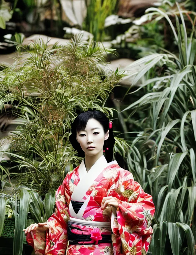 Prompt: fashion photograph of a beautiful Japanese woman wearing a traditional kimono in an tropical greenhouse, by Annie Leibowitz, extremely detailed, large format camera, Fuji Provia film, 85mm lens, bokeh, bokeh, blurred background, photorealistic, trending on instagram, trending on artstation