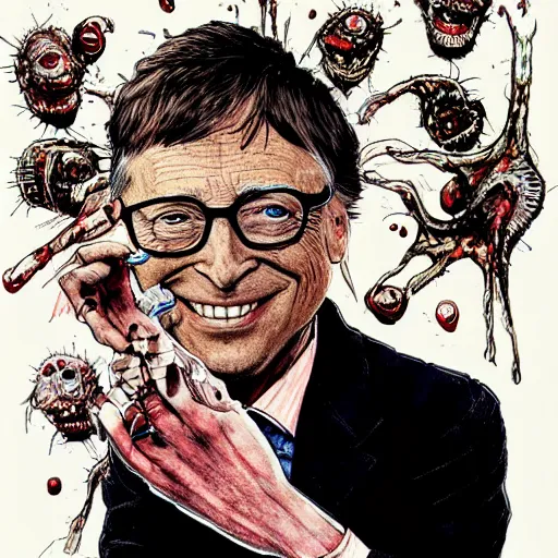 Image similar to bill gates holding a vaccine in his hand, Body horror, by Ralph Steadman