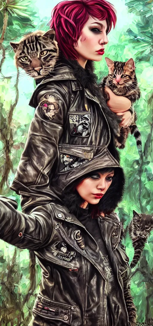Prompt: cute punk rock girls making selfie in jungles with cats, mad max jacket, renaissance, cables on her body, hyper realistic style, oil painting, highly detailed, 4K, fantasy by Olga Fedorova