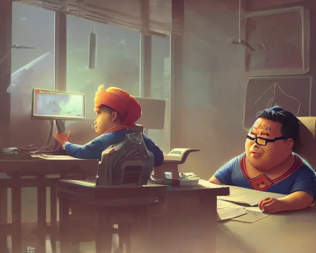 Image similar to an insanely detailed painting of a slightly chubby, nerdy asian man wearing a superhero costume, sitting at a desk, staring at the nervously at the computer and typing, in the style of peter mohrbacher, dramatic lighting and composition, octane render, pixar, trending on artstation, concept art, comic book, view from behind