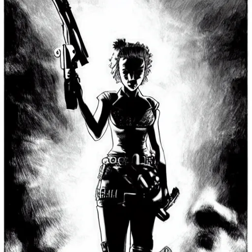 Image similar to scarlett johansson as a gunslinger in afro samurai manga style, pencil and ink, walking the wild west wastelands