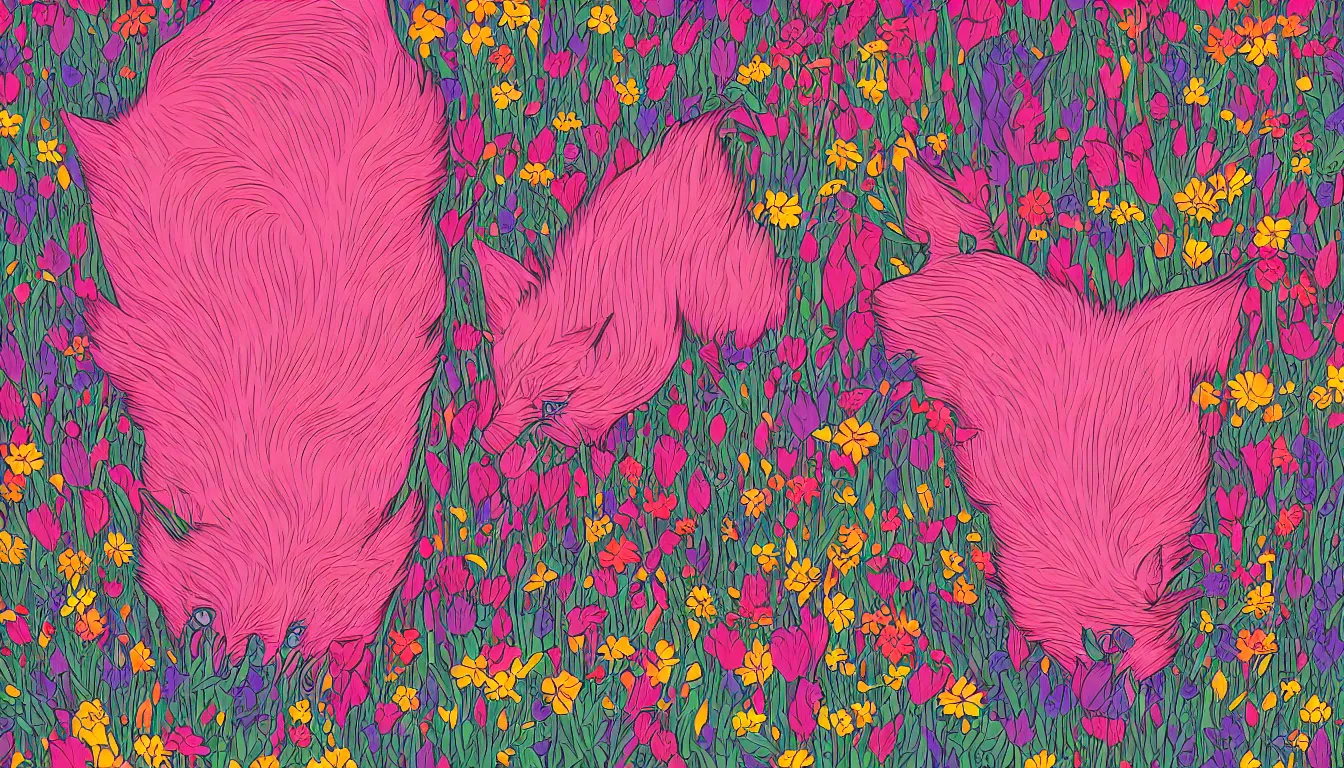 Prompt: pink fox head popping out of a field of multi colored flowers by Kilian Eng, minimalist, detailed