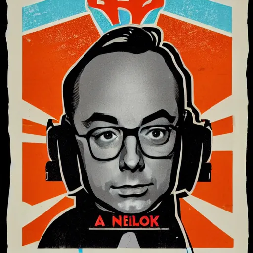 Image similar to propaganda poster of Sheldon Cooper in front of a large army