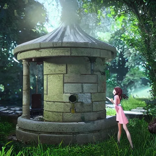 Image similar to E-girl talks to a magical well, in the backyard of an overgrown suburb, beautiful detail, unreal engine, concept art