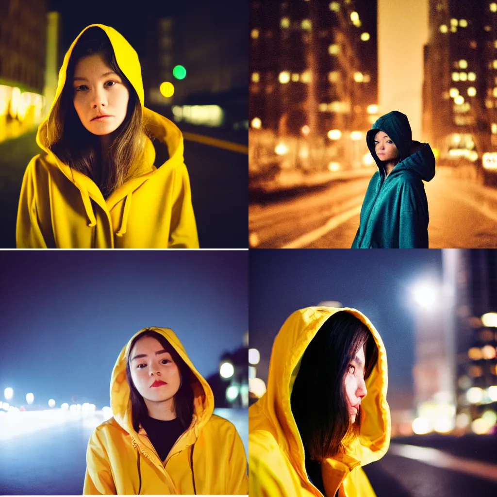 Prompt: detailed and realistic head portrait photography at night of a woman wearing a yellow raincoat with hoodie. Cinematic. City lights in the background. Lens flare. Portra 800 film. Helios 44m
