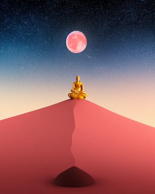 Image similar to the most beautiful sunset, giant pink full moon, a sky full of stars aticama desert chile, a buddha with a golden dorje above his head, coherent design, symmetrical, concept art, vivid color, complementary color, golden ratio, detailed, sharp lines, intricate, rainbowshift, by mc escher, octane render