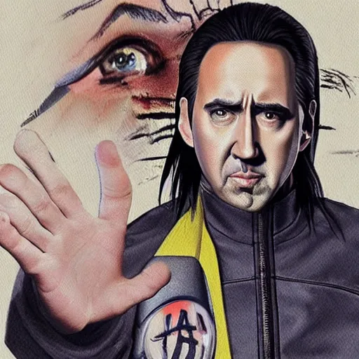 Prompt: a realistic portrait of nicholas cage wearing naruto, with scissor - shaped hands instead of arms