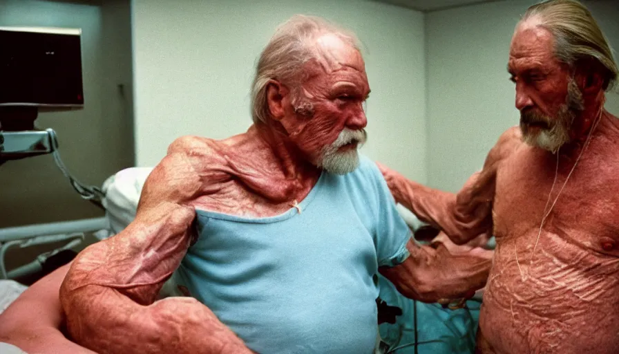 Image similar to 7 0 s movie still of a old meat man in the hospital, cinestill 8 0 0 t 3 5 mm eastmancolor, heavy grain, high quality, high detail