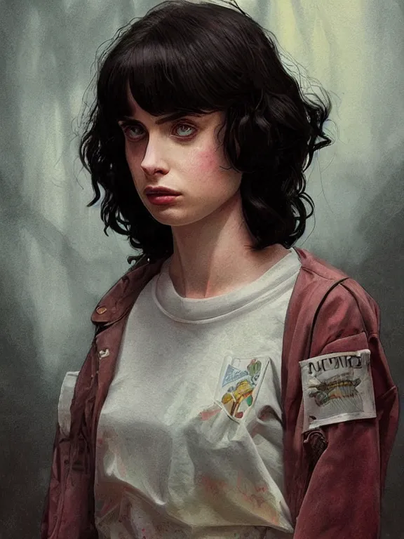 Prompt: young krysten ritter as eleven from stranger things,, intricate, highly detailed, digital painting, artstation, oppressive lighting, fashion concept art, sharp focus, illustration, art by greg rutkowski and alphonse mucha