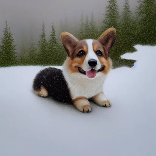 Prompt: the most adorable corgi puppy on a snowy mountaintop, hyperrealistic, lifelike, very detailed, soft focus, dreamy, stunning digital painting by greg rutkowski, simon stalenhag, artgerm, moebius, ruan jia, trending on artstation, masterpiece, award - winning, 8 k