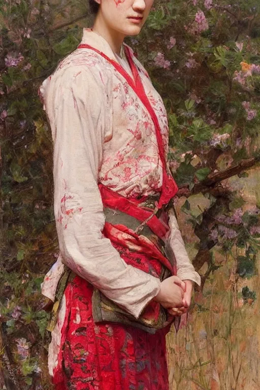 Prompt: Yvonne Strahovski by Solomon Joseph Solomon and Richard Schmid and Jeremy Lipking victorian genre painting full length portrait painting of 张国荣 in traditional costume