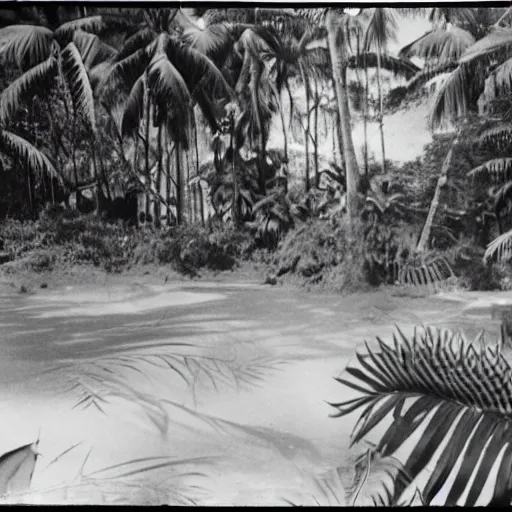 Image similar to a rizom lost film footage of a 3 d shape in the middle of the tropical jungle / tropicalism / tropicalism / tropicalism / film still / cinematic / enhanced / 1 9 2 0 s / black and white / grain