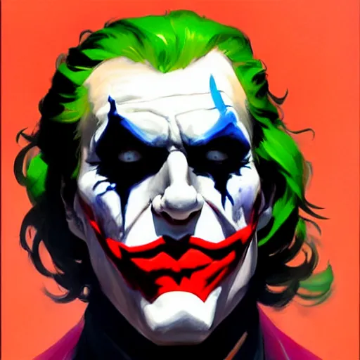 Image similar to Greg Manchess portrait painting of The Joker as Overwatch character, medium shot, asymmetrical, profile picture, Organic Painting, sunny day, Matte Painting, bold shapes, hard edges, street art, trending on artstation, by Huang Guangjian and Gil Elvgren and Sachin Teng