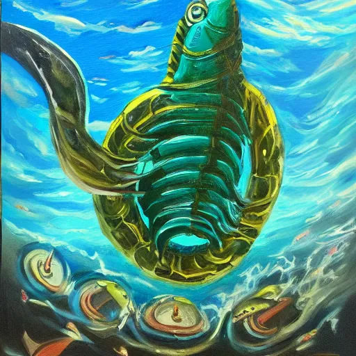 Prompt: an oil painting of a giant underwater leviathan in the style of bekinski