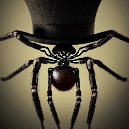 Image similar to spider wearing a top hat, ultra realistic, concept art, intricate details, eerie, highly detailed, photorealistic, octane render, 8k, unreal engine, art by Tsvetomir Georgiev