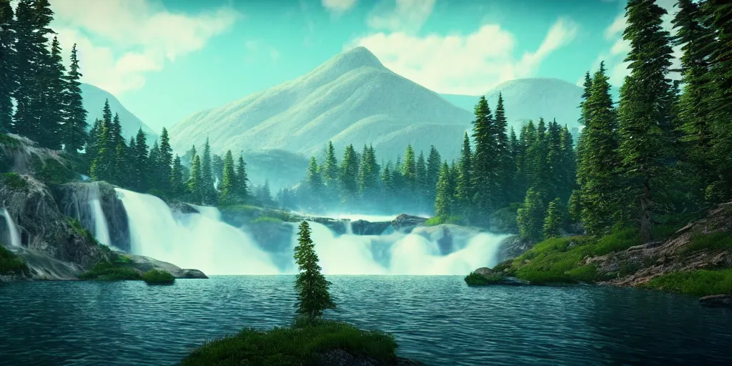 Prompt: epic landscape. mountains. river. waterfall. pine trees. lake. forest. cinematic. epic. high details, photorealistic. concept art. artstation trending. photorealistic. 3 5 mm film.