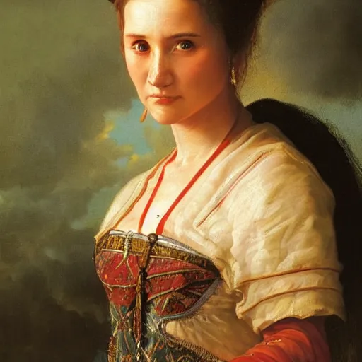 Image similar to portrait of a batavian woman ( 3 5 ) from dutch rhine delta ( that the romans called batavia ) in 2 5 0 a. d., an oil painting by ross tran and thomas kincade