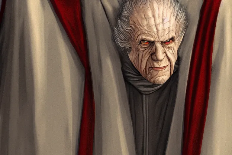 Image similar to emperor palpatine in robes, high detail, digital painting, clear focus, concept art,