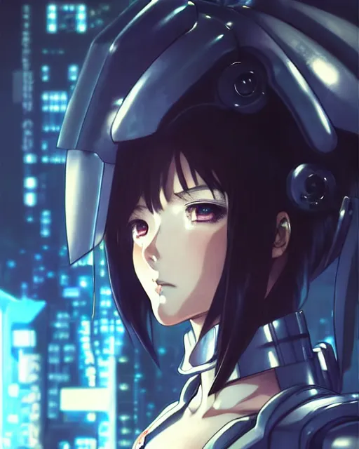 Image similar to portrait Anime Girl in mecha armor in night tokyo Sharp fine face pretty face, realistic shaded Perfect face, fine details. Anime. cyberpunk realistic shaded lighting by katsuhiro otomo ghost-in-the-shell, magali villeneuve, artgerm, rutkowski Jeremy Lipkin and Giuseppe Dangelico Pino and Michael Garmash and Rob Rey