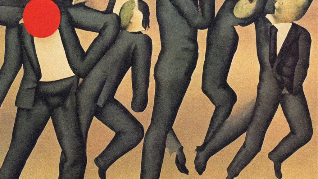 Image similar to A vintage scientific illustration from the 1970s of a men dancing with the devil by René Magritte