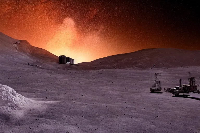 Prompt: a landscape photograph of a mining operation on the moon. plumes of dust are visible against the starry sky. stark contrast, vivid, award winning photography