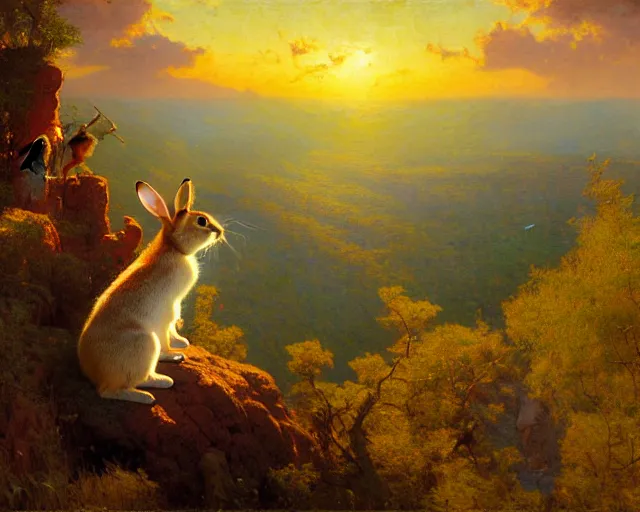 Image similar to hyper realistic rabbit looking off of a cliff, sun setting behind rabbit, lush forest in valley below, painted by gaston bussiere, craig mullins, j. c. leyendecker 8 k