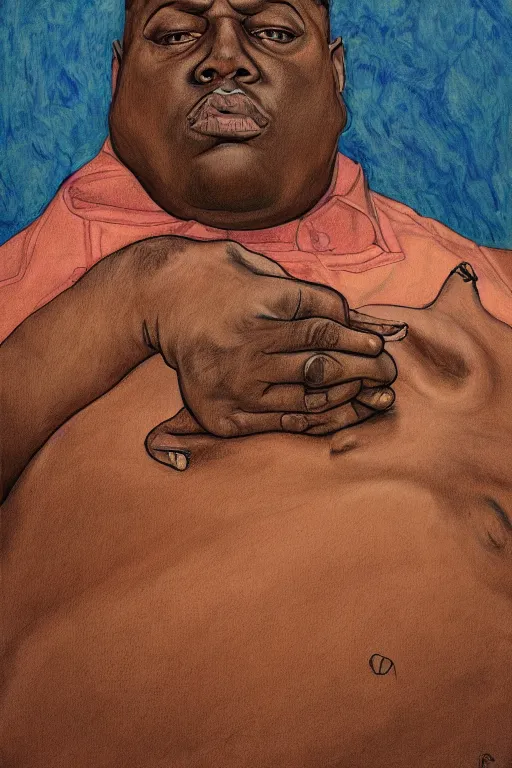 Image similar to a realistic portrait of biggie small in style of egon schiele, masterpiece, hyperdetailed, complex, intricate, 4 k, trending on artstation