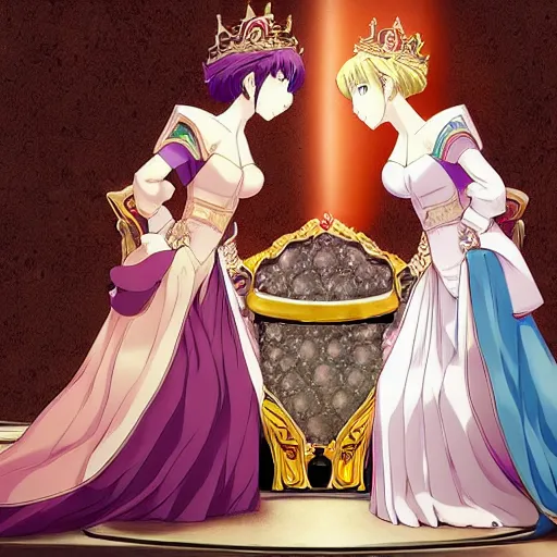 Prompt: a scene of two beautiful queens fighting over the throne, detailed anime art