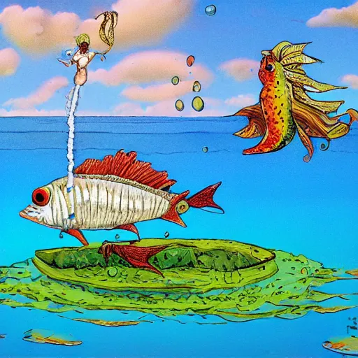 Image similar to a guffy looking fish jumping out of a beautiful lake with a funny day, in the style of Patrick woodroffe