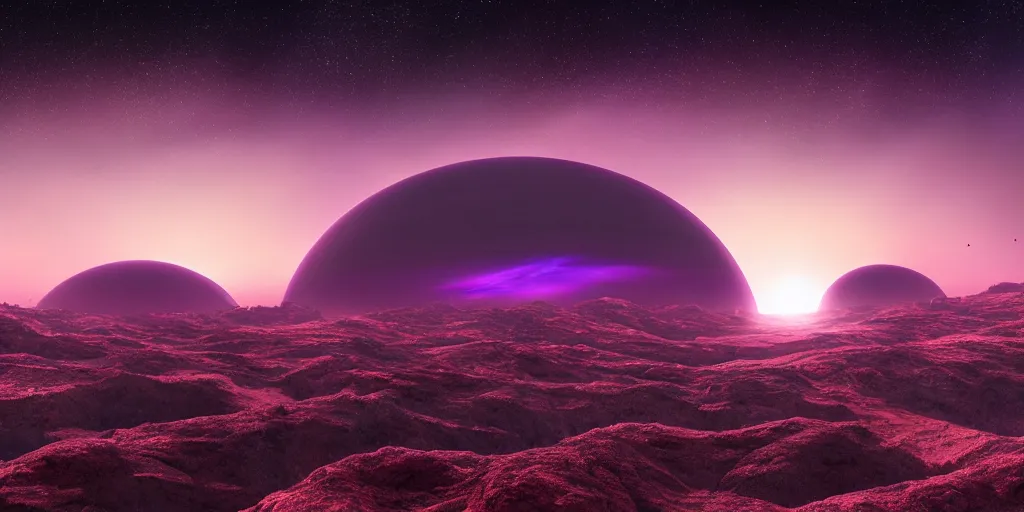 Image similar to very beautiful view of alien planet landscape at dawn, purple sky, science fiction digital art, award winning, trending on artstation, digital art. highly detailed 8 k. intricate. lifelike. soft light. nikon d 8 5 0.