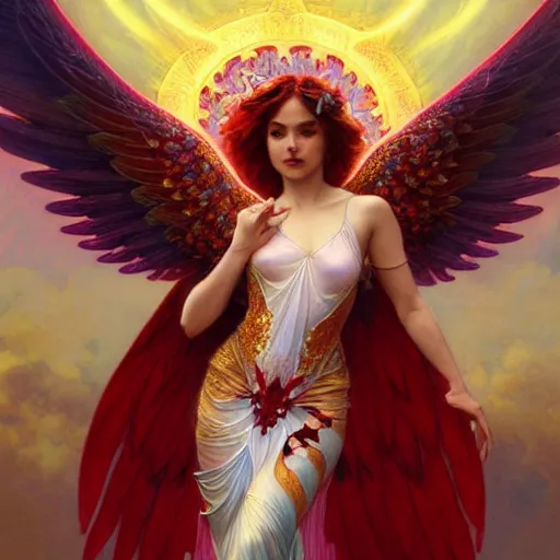 Image similar to a beautiful orchid phoenix angel woman, in an ornamented dress with large wings, rubies, volumetric light, god rays, highly detailed painting by greg rutkowski, artgerm, alphonse mucha