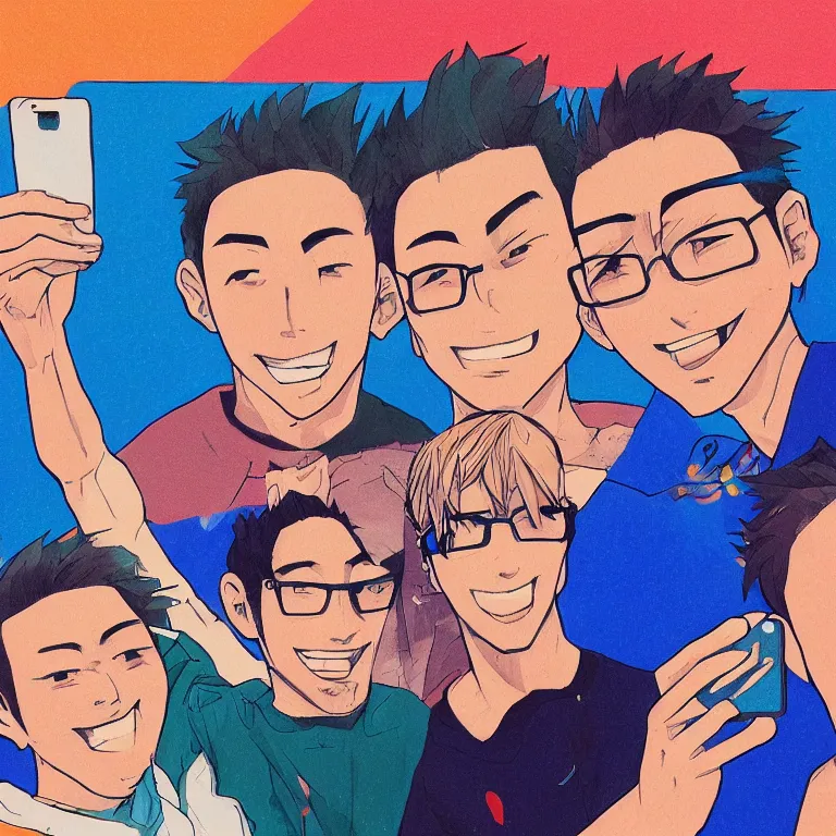 Prompt: a detailed colorful illustration of three guys ( daichi, sugawara, asahi ) posing for a selfie by timothy kong, trending on artstation