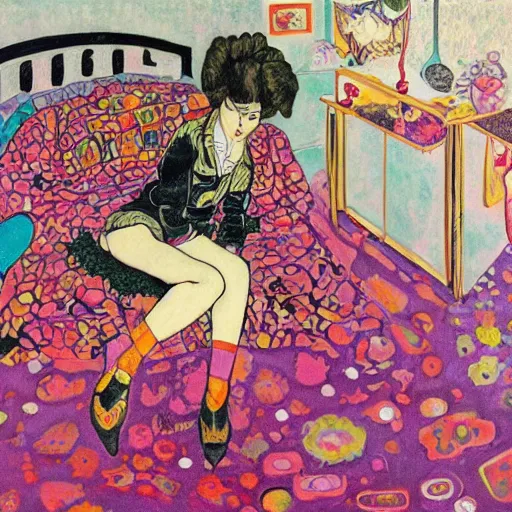 Image similar to rocker goth teen girl with black lace boots laying on her stomach on the floor, writing on a journal. 1970s colorful psychedelic bedroom. Trippy colors. Stylized. Egon schiele. Moscoso