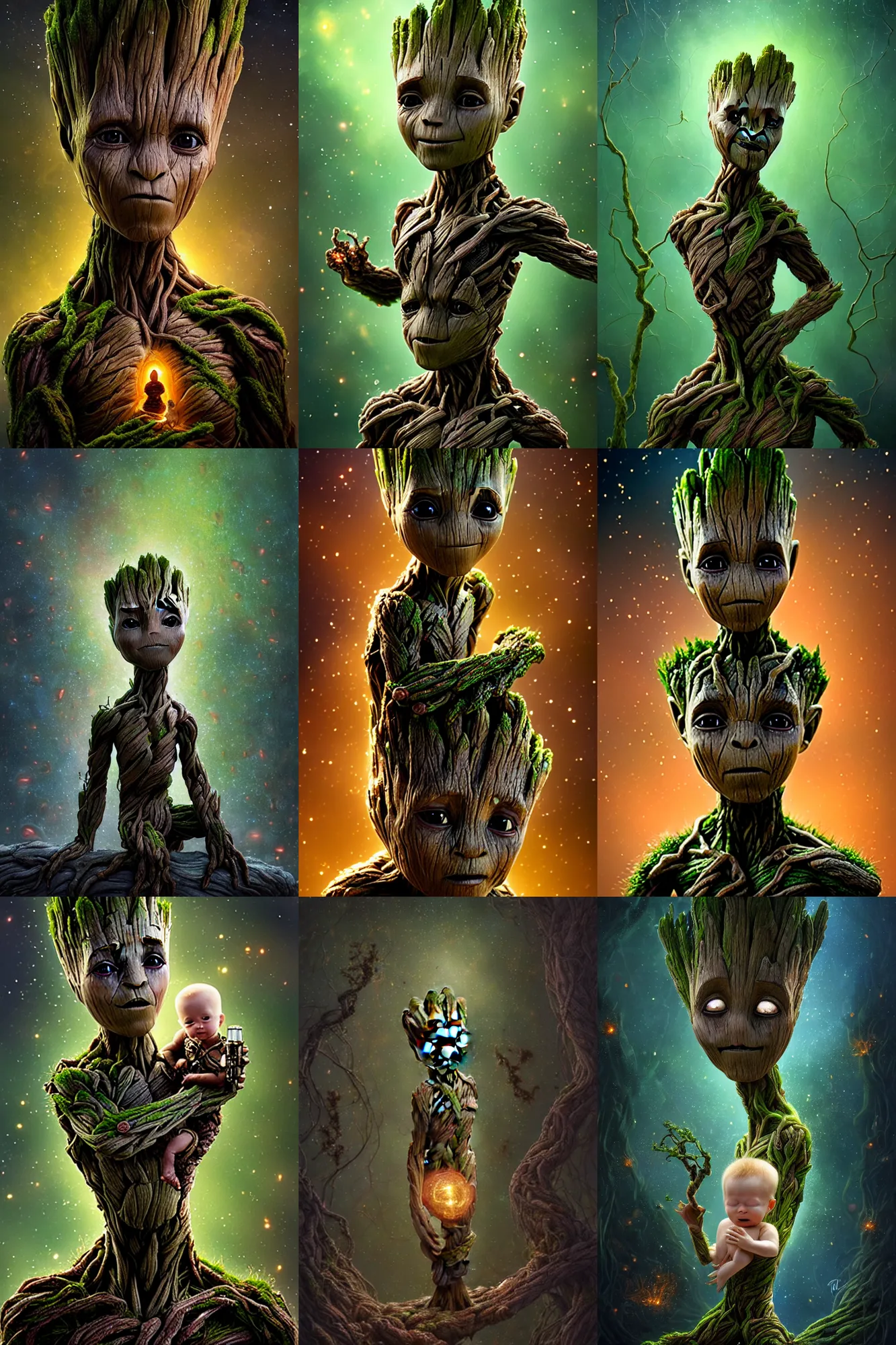 Prompt: a stunning ultra detailed fantasy fine art photo of a sleeping baby groot connected to a barren sinuous forest surrounded by fireflies, eyes closed peacefully, smile, fireflies!, by tomasz alen kopera and anna dittman, night, very detailed, deep depth of field, 5 0 mm lens, soft lighting, artstation, highly coherent, 8 k