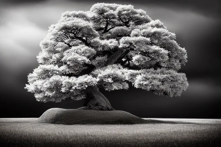 Prompt: award winning infrared photography of andy lee, solitary bonsai tree, beautiful light, moody, dramatic lighting, rule of thirds, golden ratio