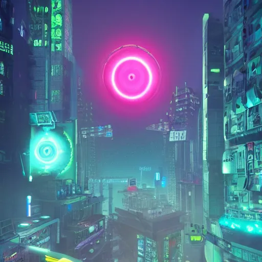 Prompt: Cyberpunk FantasyCore Kowloon giant floating eye, neon electronic, rendered in Lumion Pro, Autodesk Solidowkrs Visualize, Maya, and Cinema 4D by Iwan Baan, Greg Rutkowski, Ted Gore, Dustin Lefevre, and Jaya Su Berg, trending on artstation, cgsocciety r/art