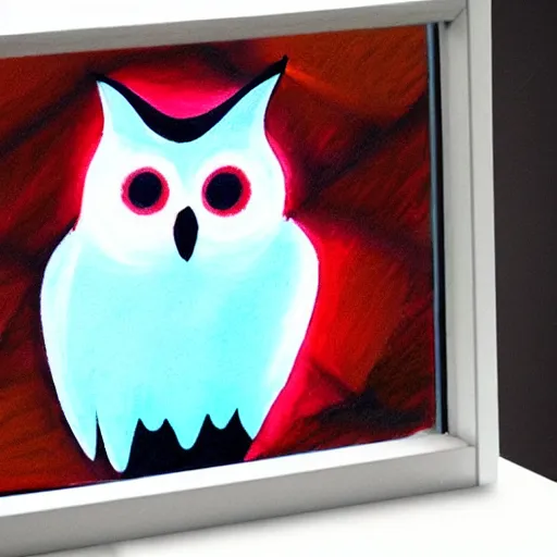 Image similar to color charcoal art, glowing white owl, in a windowsill