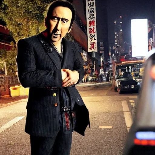 Image similar to nicolas cage as goro majima from yakuza game series on the streets on night tokyo, highly detailed