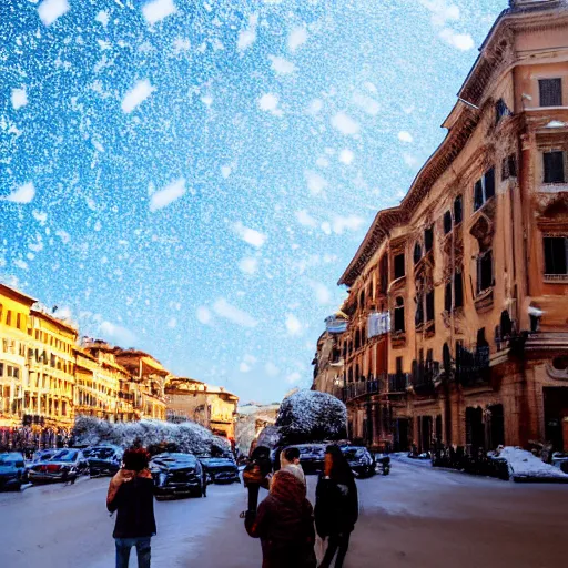 Prompt: The city of Rome under the snow on August. It's snowing everywhere on the entire cityscape of Rome under a blue sky and a very hot sun. It's crazy hot with red flames everywhere but also very big snowflakes. People wear swimsuits and are very puzzled.