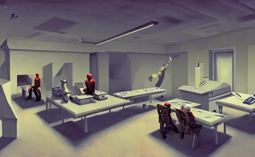 Image similar to Inside CIA bunker room with computers, highly detailed, very coherent, painted by Francis Bacon and Edward Hopper, Wayne Barlowe, painted by James Gilleard, surrealism, airbrush, art by JamesJean