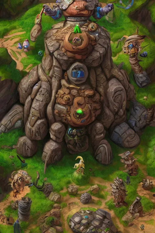 Image similar to zelda fantasy art giant golem troll wood rock greeble gemstone, global illumination ray tracing hdr fanart arstation by sung choi and eric pfeiffer and gabriel garza and casper konefal