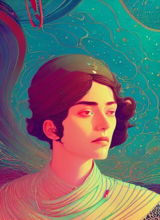 Prompt: portrait of turkish woman, artstation winner by victo ngai, kilian eng and by jake parker, by conrad roset, swirly vibrant color lines, winning award masterpiece, fantastically gaudy, aesthetic octane render, 8 k hd resolution