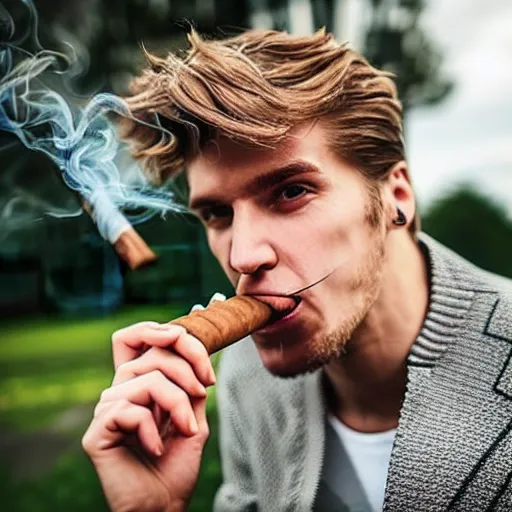 Image similar to a closeup photo of handsome gigachad xqc elrubius smoking a cigar