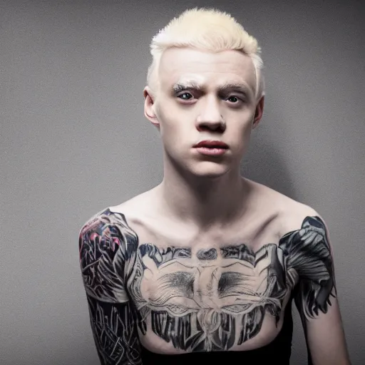 Image similar to portrait of an albino in front of a white background, blonde hair and eyebrows, face tattoo, cinematic lightin