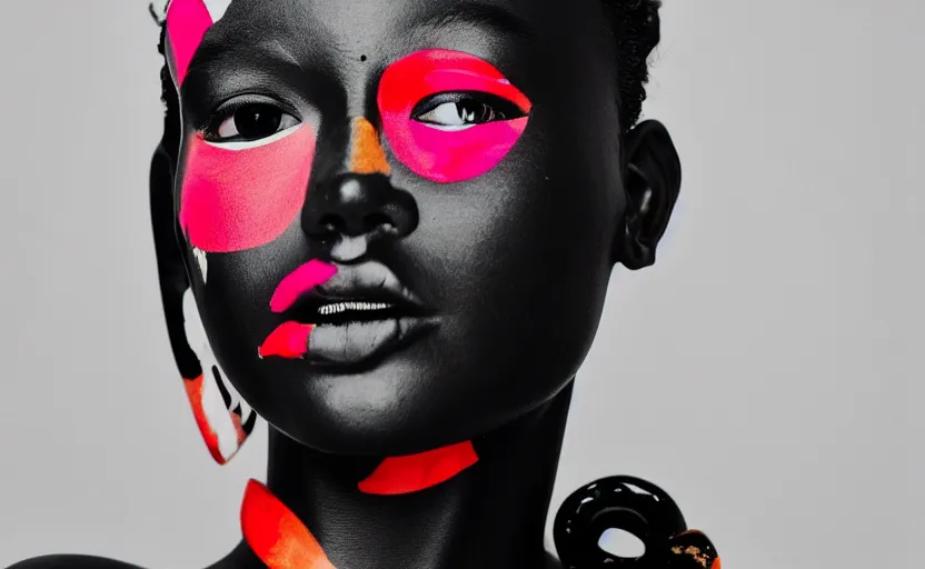 Image similar to close up portrait of extremely beautiful female black marble statue in the style of virgil abloh, colorful motocross logos behind her, sharp focus, clear, detailed,, cinematic, detailed, off white, glamourous, symmetrical, vogue, editorial, fashion, magazine shoot, glossy