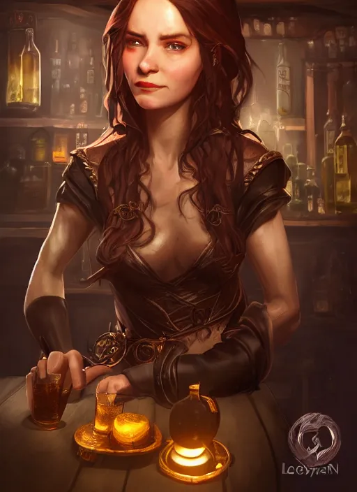 Prompt: barkeep tavern lady ultra detailed fantasy, elden ring, realistic, dnd character portrait, full body, dnd, rpg, lotr game design fanart by concept art, behance hd, artstation, deviantart, global illumination radiating a glowing aura global illumination ray tracing hdr render in unreal engine 5
