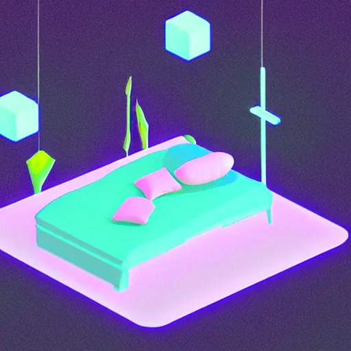 Prompt: isometric bed with alien aesthetic and biolumnescent gree cyan neon type lights all in a black background behance lowpoly